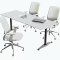 White Office Desk With Four White Office Chairs Laptop Tablet And Water Cup