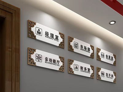 Directional Indoor Signage With Wooden Frames Indicating Functional Areas On Wall 3d model