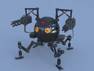 Intelligent Machine With Spider Like Design Multiple Mechanical Legs Robotic Arms And Orange Glowing Eyes 3d model