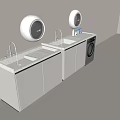 Modern Bathroom Vanity Cabinet with White Design Round Mirrors Faucets Countertops and Washing Machine