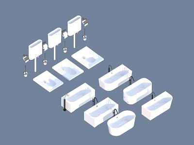 Elegant Modern Bathroom Set With Bathtubs Washbasins Mirrors And Faucets 3d model