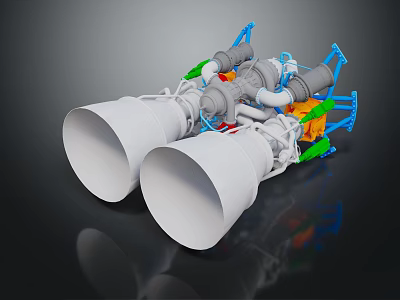 High Performance 3D Rocket Engine Equipment With Twin Large Nozzles And Colored Structural Components 3d model