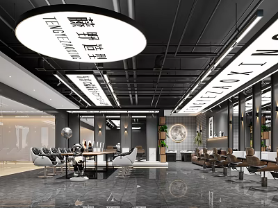 Modern Stylish Hair Salon Interior Design With Comfortable Chairs And Mirrors And Lighting 3d model