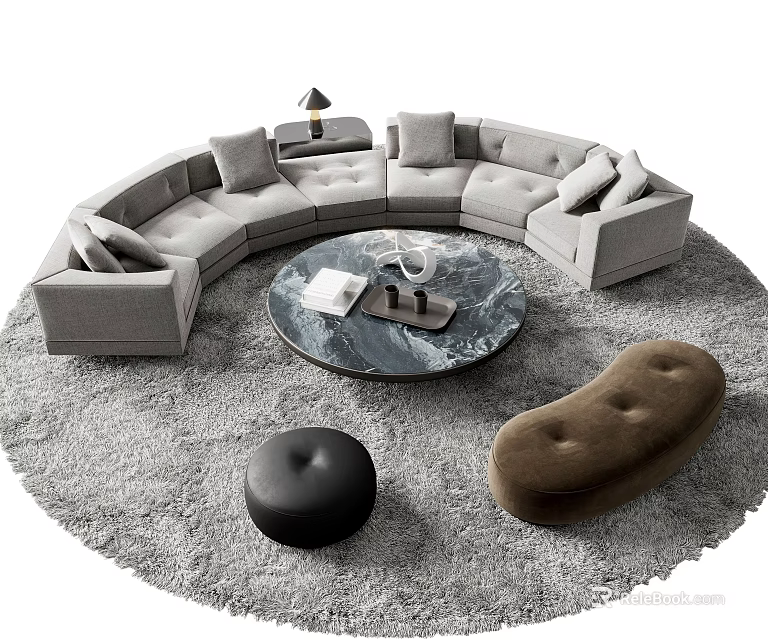Modern Luxury Curved Gray Fabric Sofa and Round Marble Coffee Table Set With Ottoman 3d model 