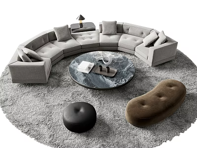 Modern Luxury Curved Gray Fabric Sofa and Round Marble Coffee Table Set With Ottoman 3d model