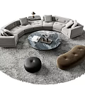 Modern Luxury Curved Gray Fabric Sofa and Round Marble Coffee Table Set With Ottoman