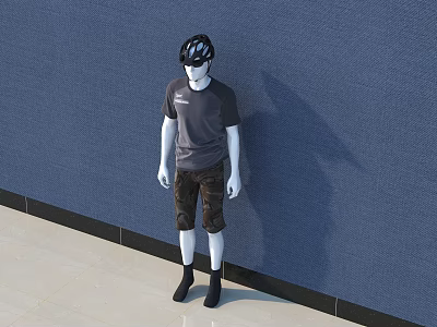 Model Standing in Gray T-shirt and Camouflage Shorts with Black Helmet Against Blue Wall 3d model
