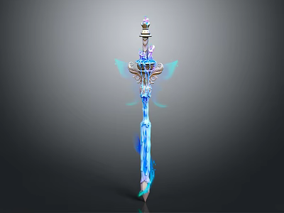 Fantasy Glowing Sword With Blue Light Decorative Wing Like Elements And Intricate Top Structure 3d model