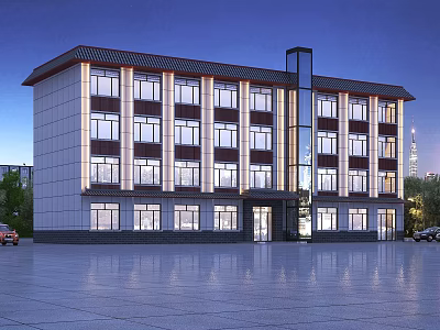 Modern Traditional Multi Story Hotel Building With Illuminated Windows And Open Plaza Front 3d model