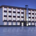 Modern Traditional Multi Story Hotel Building With Illuminated Windows And Open Plaza Front