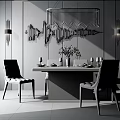 Elegant Modern Dining Table Chairs Set With Vase Floral Chandelier And Wall Art