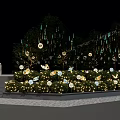 Nighttime Floral Display With Decorative Trees Hanging Spheres And Staircase Greenery