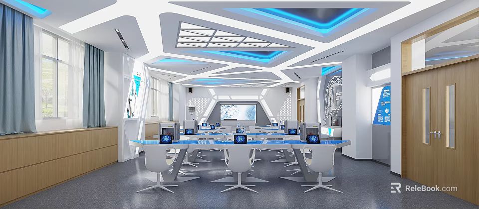 Modern Tech Integrated Kindergarten Classroom With Blue Lighting And Tables Featuring Screens 3d model