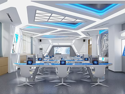 Modern Tech Integrated Kindergarten Classroom With Blue Lighting And Tables Featuring Screens 3d model