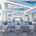 Modern Tech Integrated Kindergarten Classroom With Blue Lighting And Tables Featuring Screens 3d model