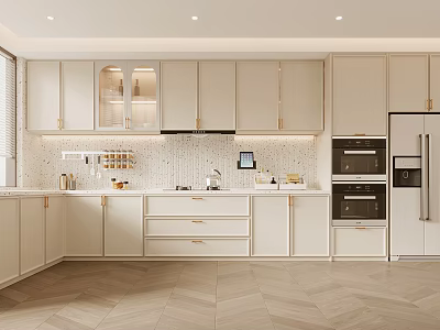 Modern Open Kitchen Interior With White Cabinets Gold Handles Island Counter And Appliances 3d model