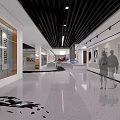 Modern Hall Interior With Red Spiral Staircase Black Floor Design Wall Paintings And Decorative Tree