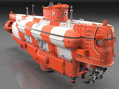 Orange And White Submarine With Industrial Design Mechanical Parts Hatch Robotic Arm And Number Markings 3d model