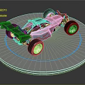 Race Car Model with Blue Red Flame Pattern Large Wheels Open Frame on Circular Stand