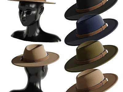 Fashionable Hats In Various Colors With Brown Bands On Mannequin 3d model