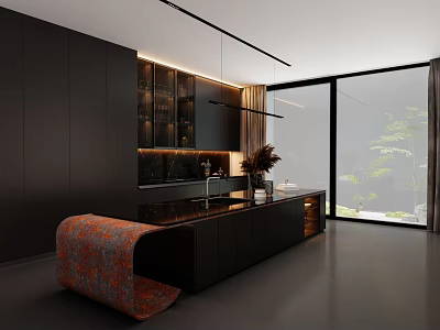 Modern Open Kitchen Interior Design With Black Cabinets Island Countertop And Lighting 3d model