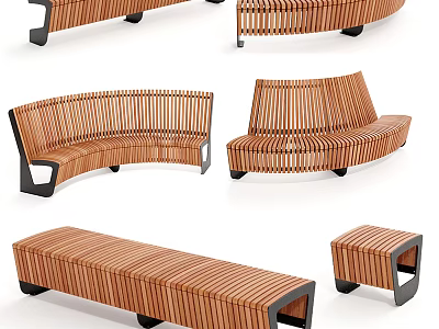 Wooden Striped Landscape Seats With Curved And Long Designs For Outdoor Spaces 3d model