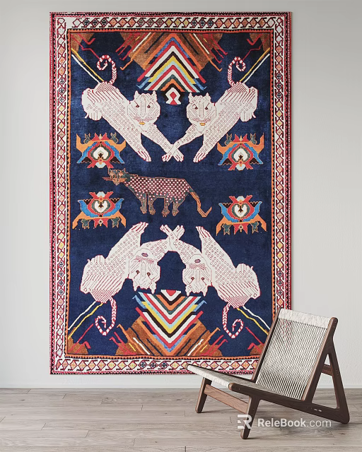 Vibrant Blue Square Rug Featuring Lions Leopard And Intricate Decorative Patterns 3d model 