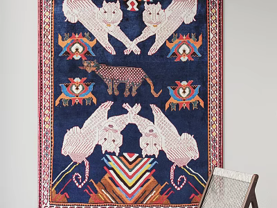 Vibrant Blue Square Rug Featuring Lions Leopard And Intricate Decorative Patterns 3d model