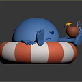 Blue Game Movie Character Sitting On Orange White Lifebuoy Holding Coconut Drink With Sad Expression