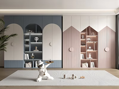 Modern Bookcase With Blue Pink Arch Panels And Decorative Items Books 3d model