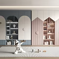 Modern Bookcase With Blue Pink Arch Panels And Decorative Items Books