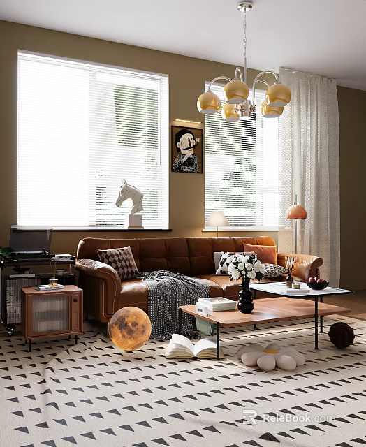 Modern Living Room Interior With Brown Leather Sofa Chandelier Blinds And Moon Decoration 3d model 
