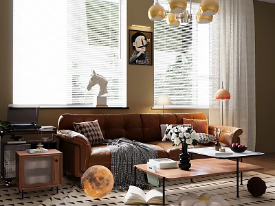 Modern Living Room Interior With Brown Leather Sofa Chandelier Blinds And Moon Decoration 3d model