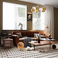 Modern Living Room Interior With Brown Leather Sofa Chandelier Blinds And Moon Decoration
