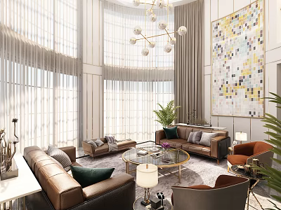 Spacious Duplex Living Room Interior With Large Windows Chandelier And Decorative Artwork 3d model