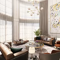 Spacious Duplex Living Room Interior With Large Windows Chandelier And Decorative Artwork