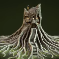 Tree House Architecture In Tree Trunk Structure With Spreading Roots Staircase And Lit Windows