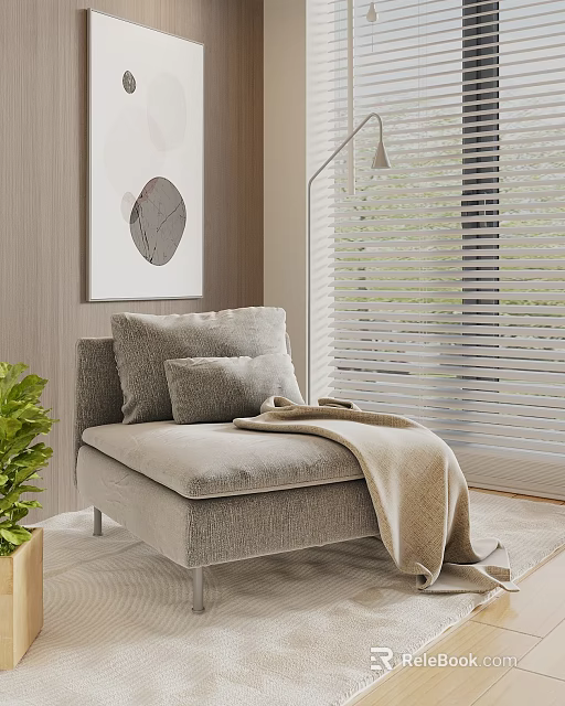 Gray Bean Bag Chair With Pillows Blanket And Plant Near Window Blinds 3d model 
