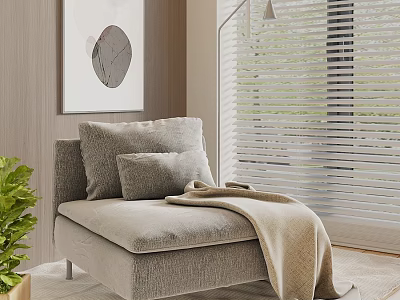 Gray Bean Bag Chair With Pillows Blanket And Plant Near Window Blinds 3d model