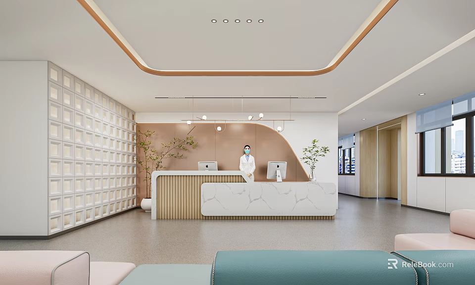 Modern Hospital Outpatient Clinic Reception Area With Medical Staff And Modern Design 3d model 