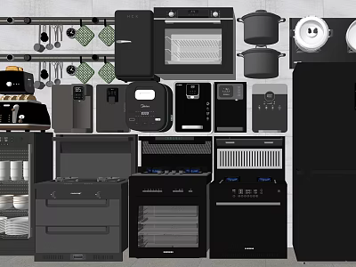 Modern Black Kitchen Appliances With Oven Refrigerator Microwave And Coffee Maker 3d model