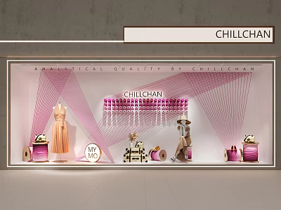 CHILLCHAN Store Window Display With Pharmaceutical Quality Cosmetics Dress And Pink Line Design 3d model