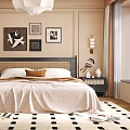 Modern Bedroom With Beige Bedding Dark Wardrobe White Pendant Light And Black White Dot Carpet