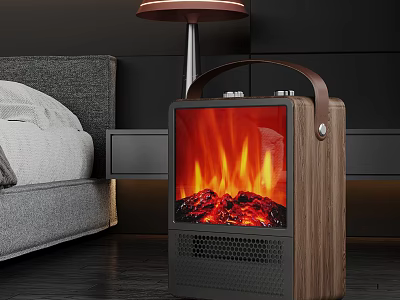Portable Electric Heater With Realistic Flame Effect Wooden Black Design And Handle For Bedroom 3d model
