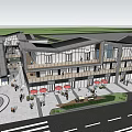 Modern Commercial Street Scene With Glass Facades Pedestrians And Outdoor Seating