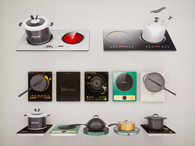 Modern Kitchen Appliances Featuring Induction Cooktops And Various Pots Pans 3d model