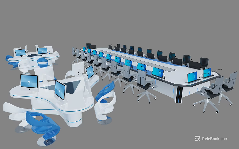 Modern White Conference Table With Black Frame Blue Screens On Desktop Surrounded By Black Chairs 3d model 