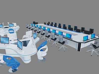 Modern White Conference Table With Black Frame Blue Screens On Desktop Surrounded By Black Chairs 3d model