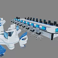 Modern White Conference Table With Black Frame Blue Screens On Desktop Surrounded By Black Chairs