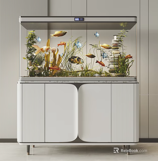 Aquarium Fish Tank with Colorful Fish Aquatic Plants and Modern White Cabinet Stand 3d model 